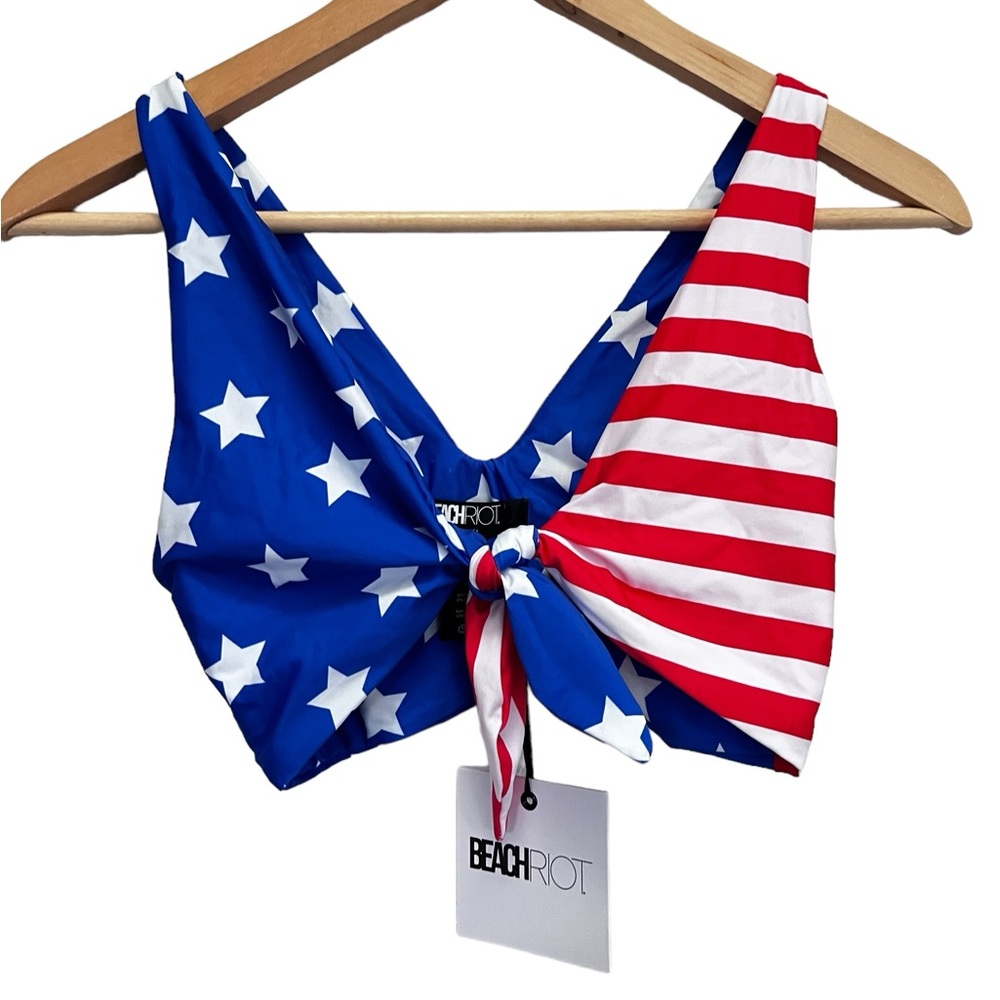 Beach Riot Dallas Bikini Top American Flag Patriotic Tie Front S NWT